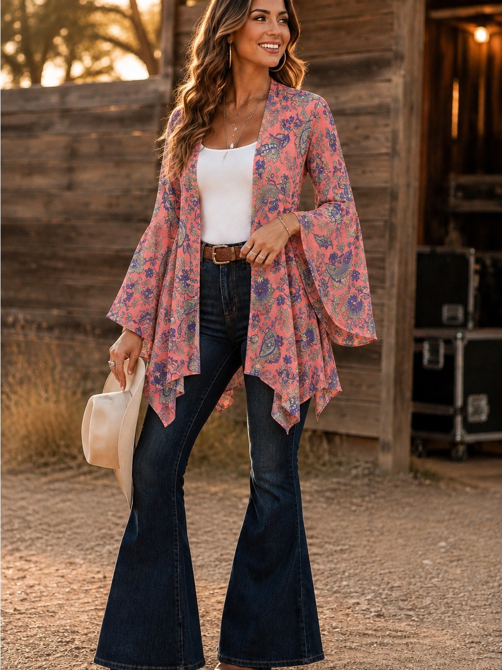 Blooming Jelly Coral Paisley Bell Sleeve Kimono Top Small